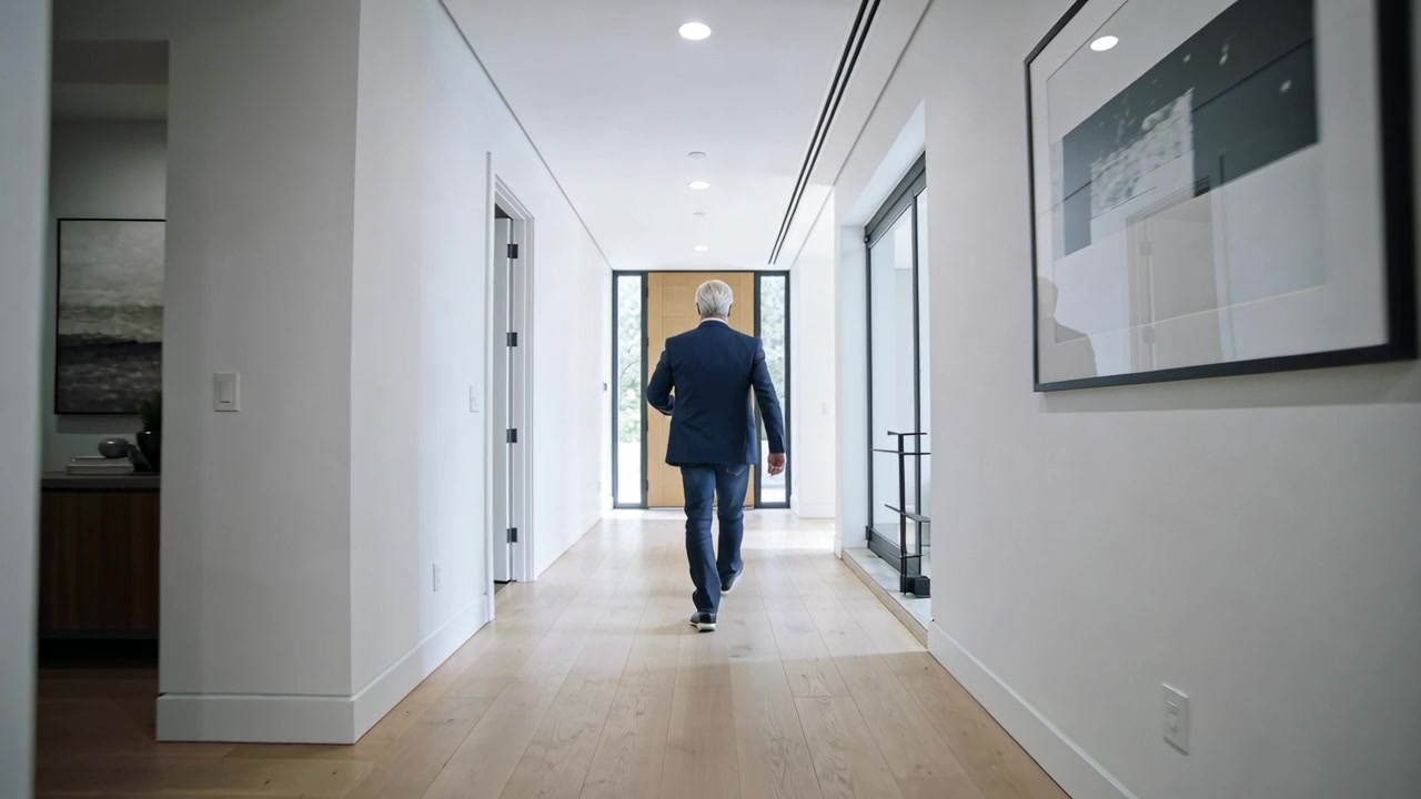 Homem de terno escuro andando pelo corredor em direção a uma porta com painel de vidro lateral, sendo levado a sair de casa.