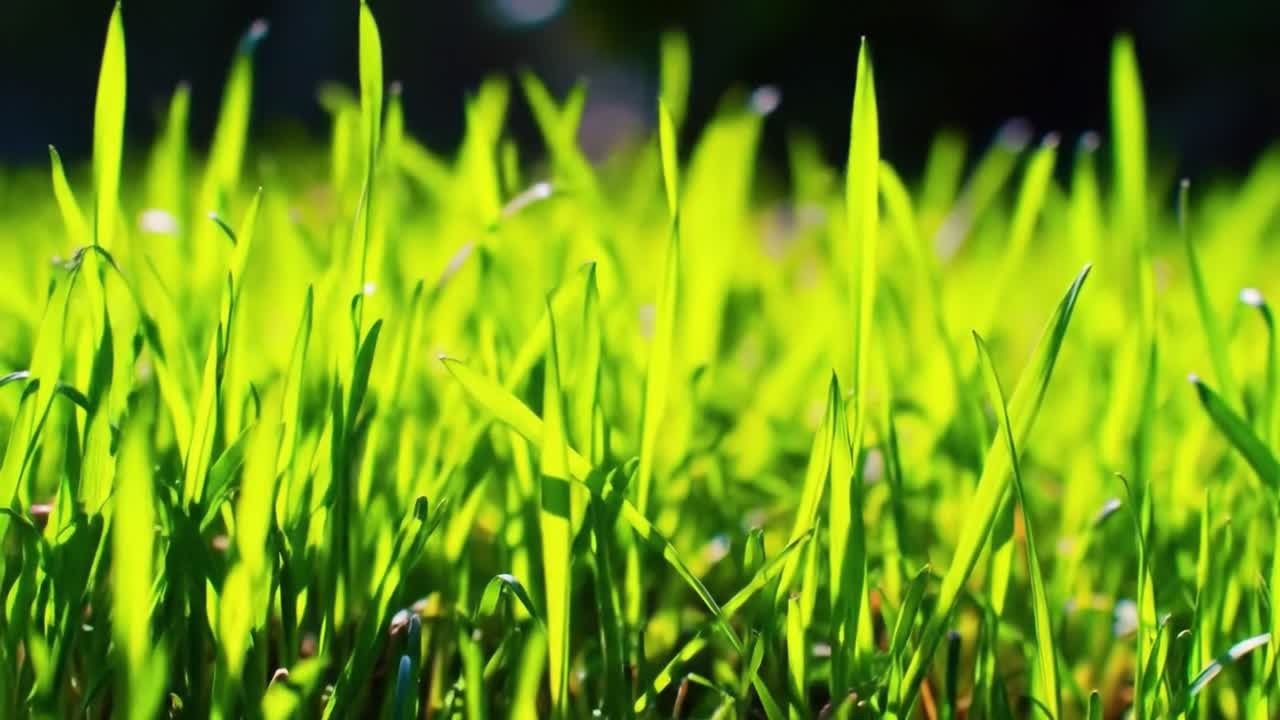 Thick blades of vibrant grass dance in the wind in a sunlit meadow, creating a serene and peaceful atmosphere. The scene captures the beauty of nature's greenery on a warm day.