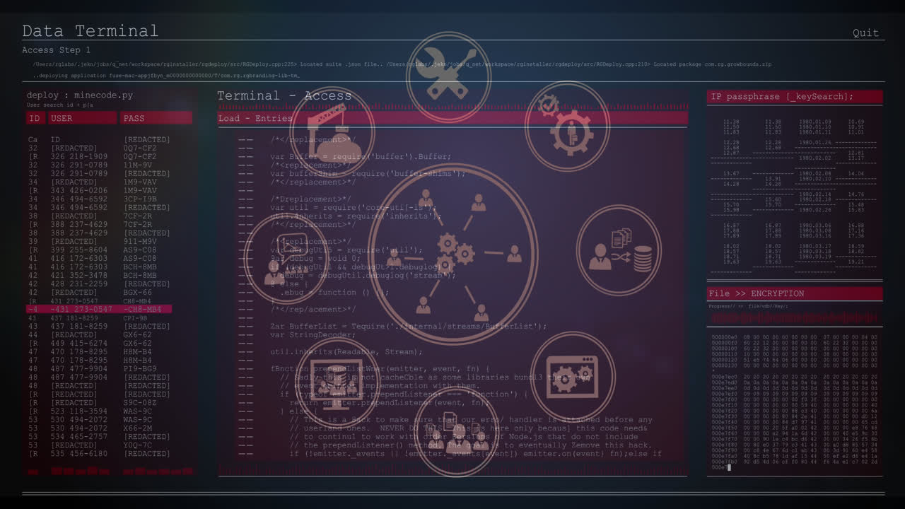 animación de la red de conexiones y procesamiento de datos a través de pantallas de computadora