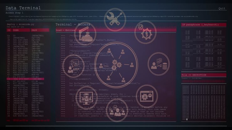 Animation of network of connections and data processing over computer screens