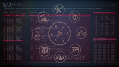 animación de la red de conexiones y procesamiento de datos a través de pantallas de computadora