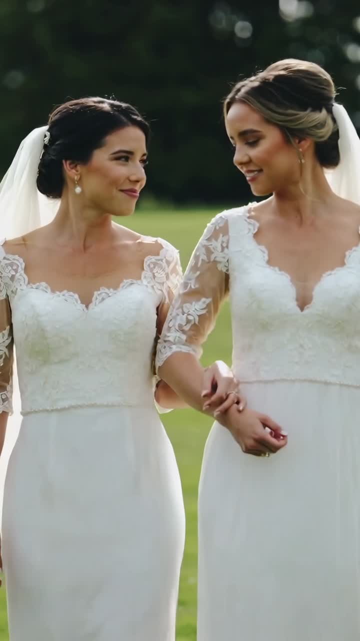 Deux mariées heureuses marchant main dans la main le jour de leur mariage