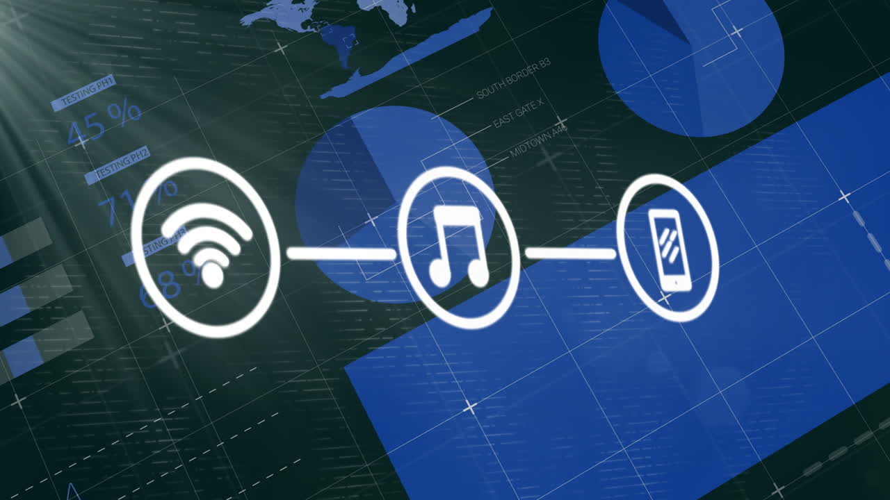 Icone di note musicali e smartphone connesse su un'animazione di dati digitali e grafici