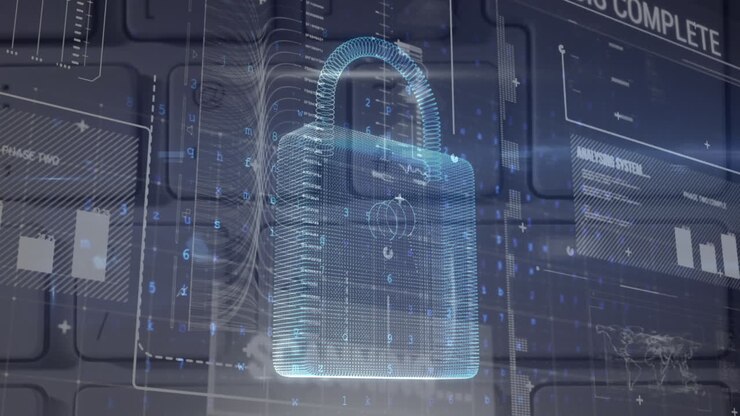 Animation of security padlock and data processing over navy background