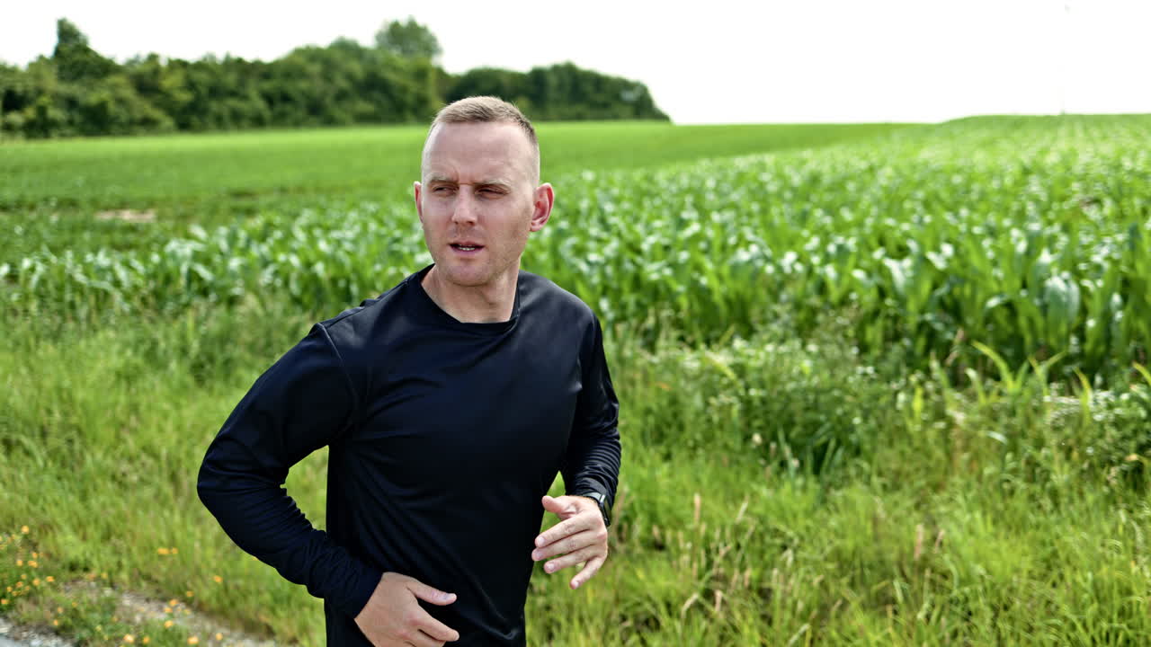 Atleta uomo che fa jogging mattutino in campagna, da qualche parte in Europa. L'uomo, in pantaloncini e maglietta, corre e conduce uno stile di vita sano. Allenamento cardio all'aria aperta.
