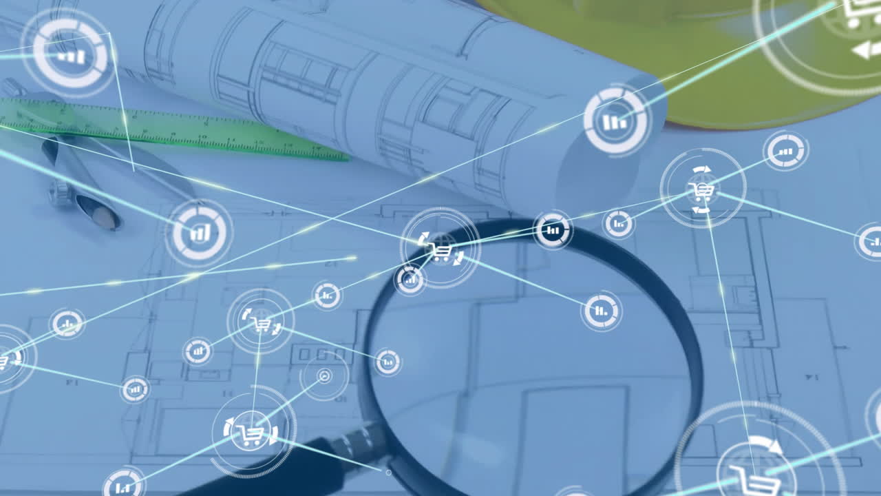 건축가의 도면 위에 아이콘으로 연결된 네트워크의 애니메이션
