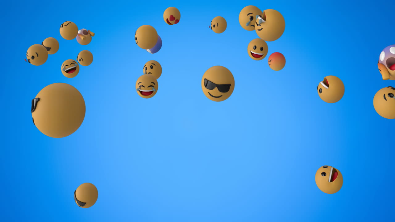 Iconos emoji volando sobre fondo azul 4k