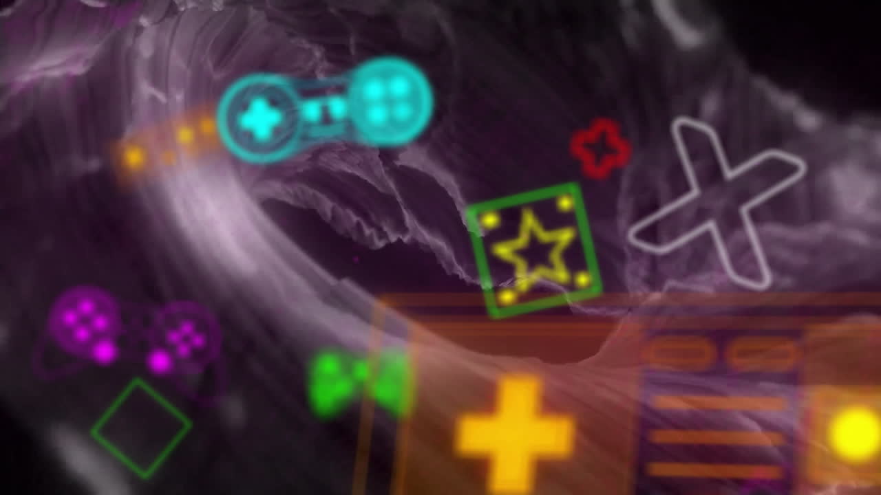 Animation of colourful shapes and icons on black background