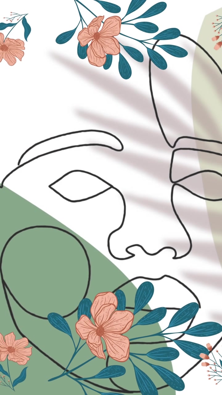 Animazione di fiori e disegno di un volto su sfondo verde e bianco