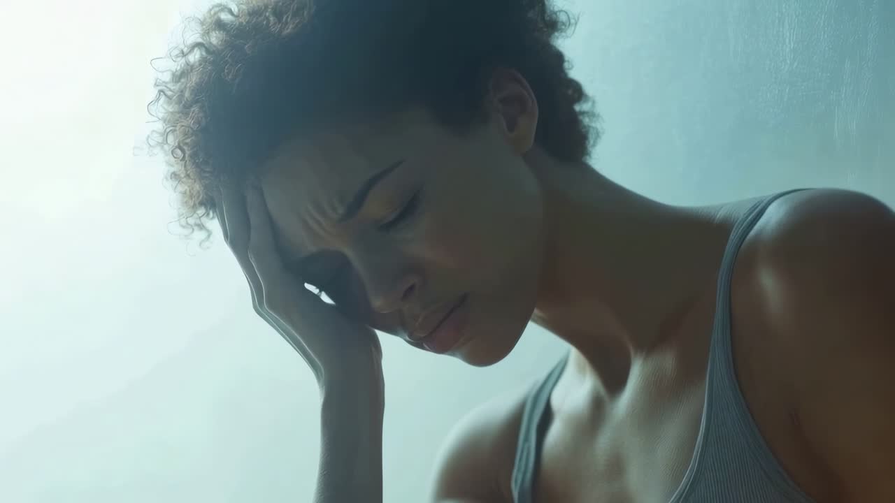 A close-up video shot of a person in distress, hand on forehead, with soft lighting