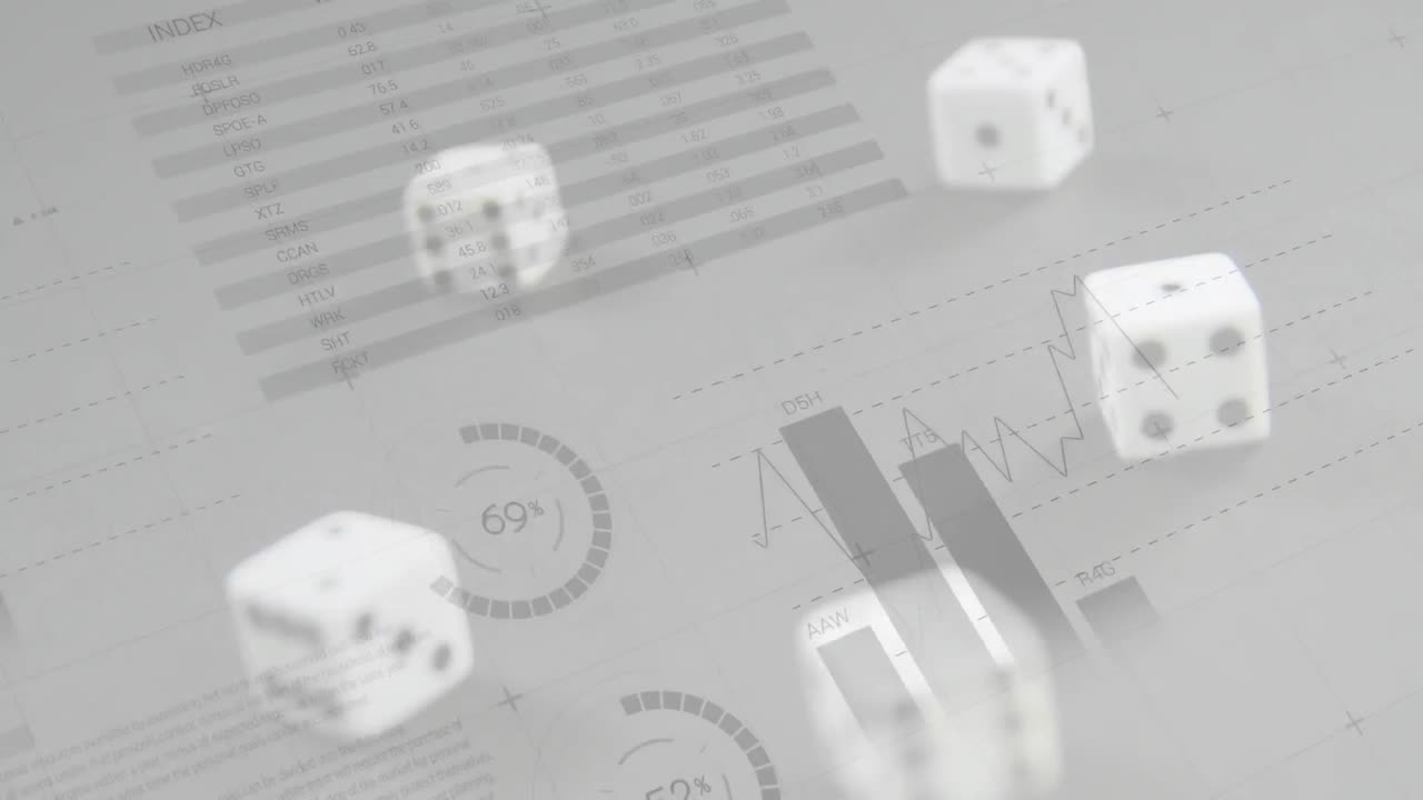 dados, billetes de papel y gráficos