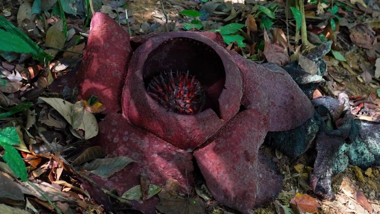 4K handheld shot of a decaying Rafflesia kerrii flower on the rainforest floor, with a carrion fly attracted to the decomposing bloom in Khao Sok, Thailand.