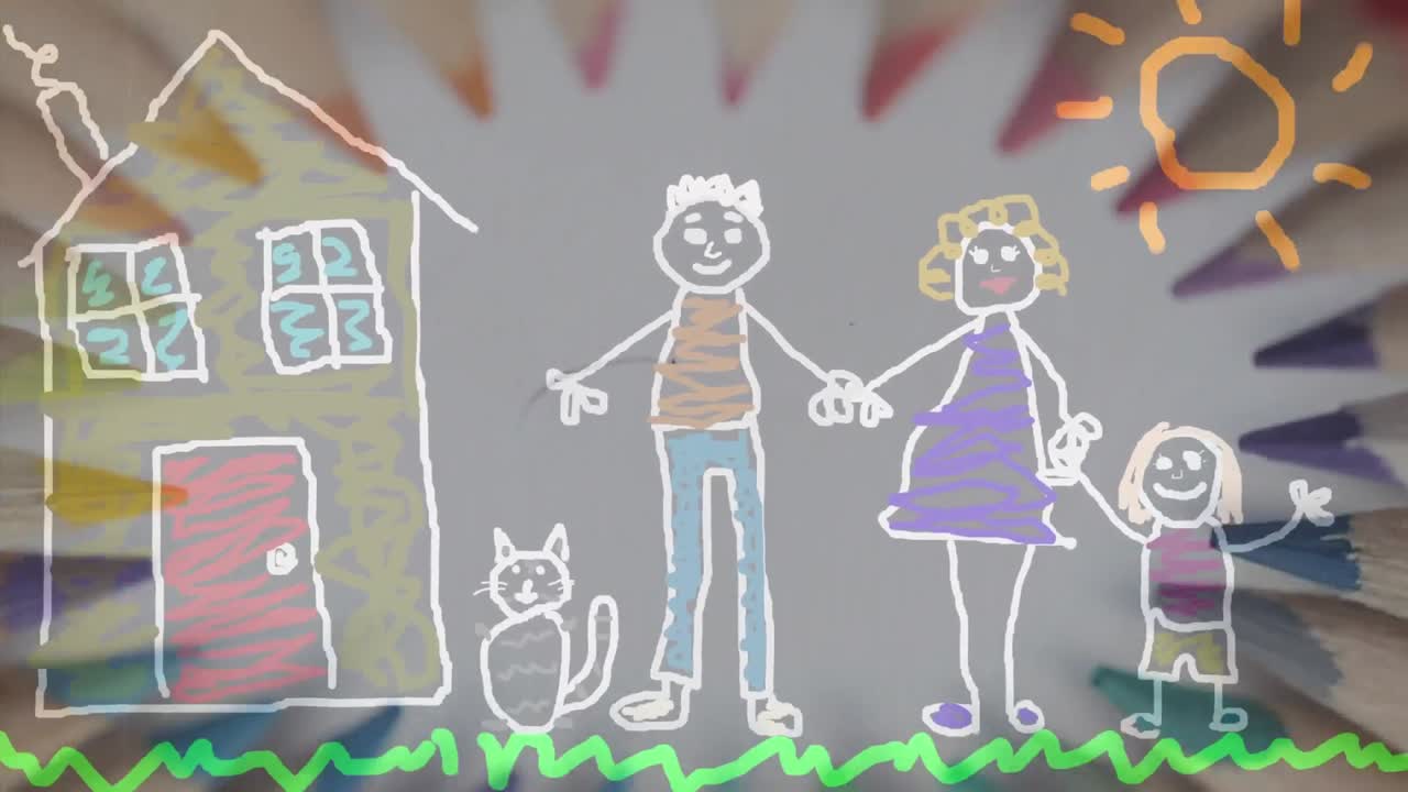 ⁇ 색 배경에 컬러 연필로 원을 그리는 가족의 애니메이션