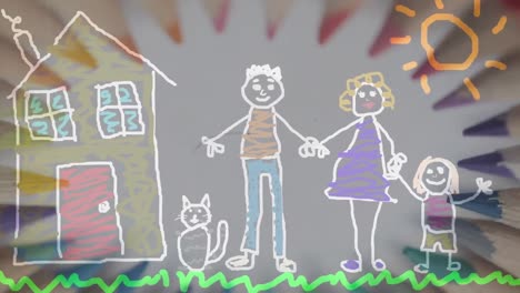 animation of hand drawn family over colour pencils in circle on white background