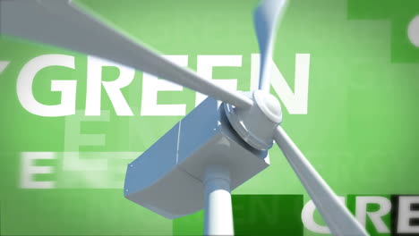 green energy written on green background and wind turbine