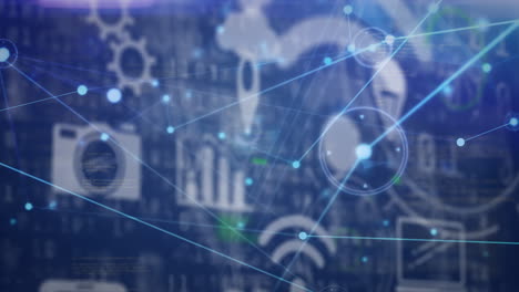 animación de la red de conexiones con puntos brillantes sobre iconos digitales en línea