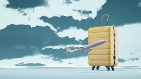 aeroplane flying in front of yellow suitcase, 3d render, animation, cloudy sky timelapse, travel, holiday background