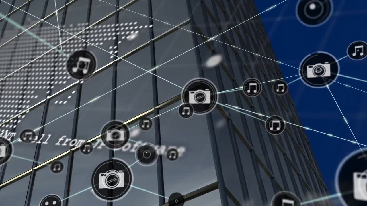 Animation af et netværk af forbindelser med ikoner over en moderne kontorbygning.
