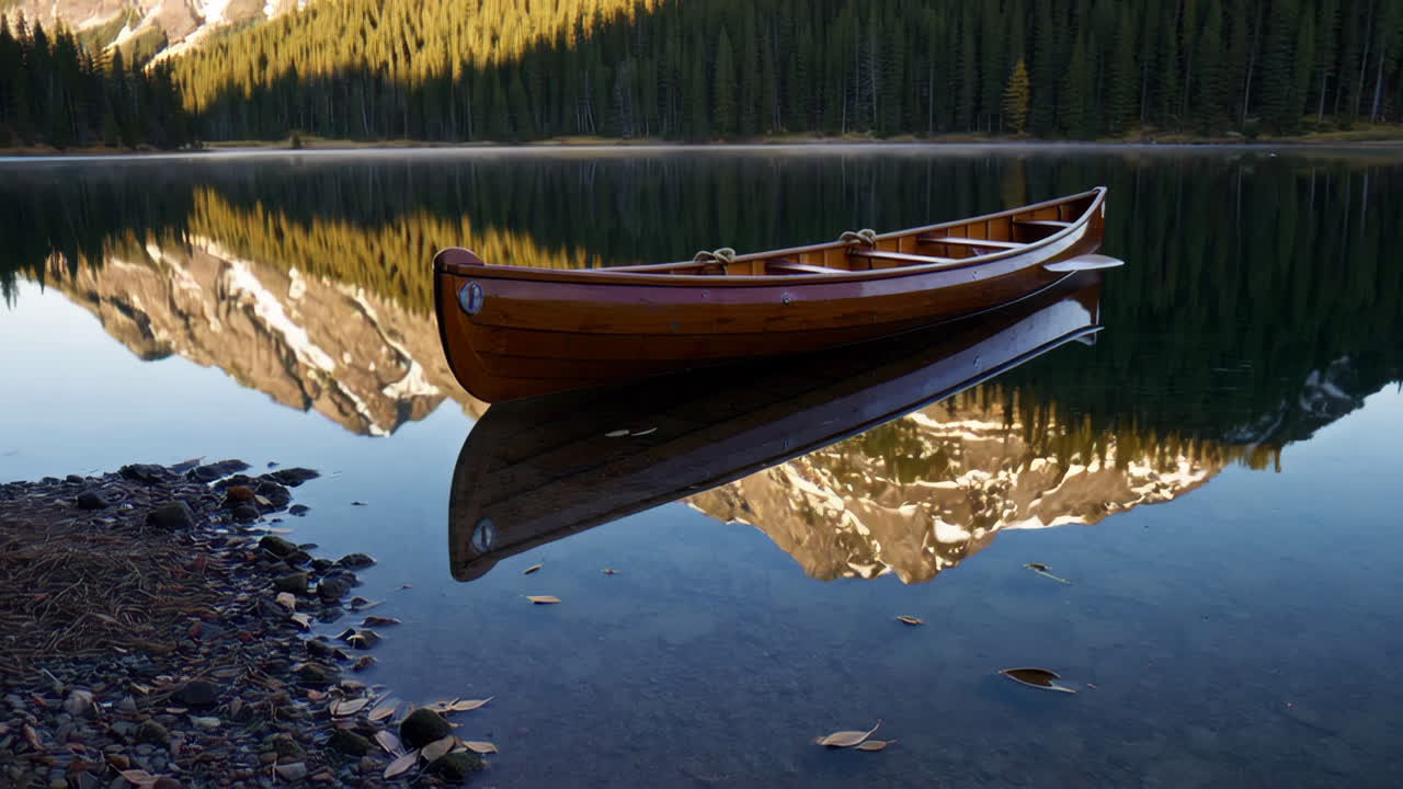 Wooden Canoe on a Calm Lake with Mountain Reflections