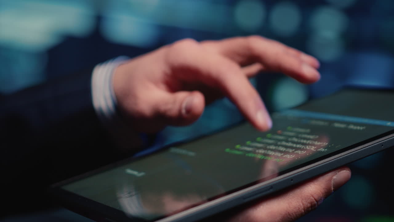 Male system administrator inspecting big data on tablet