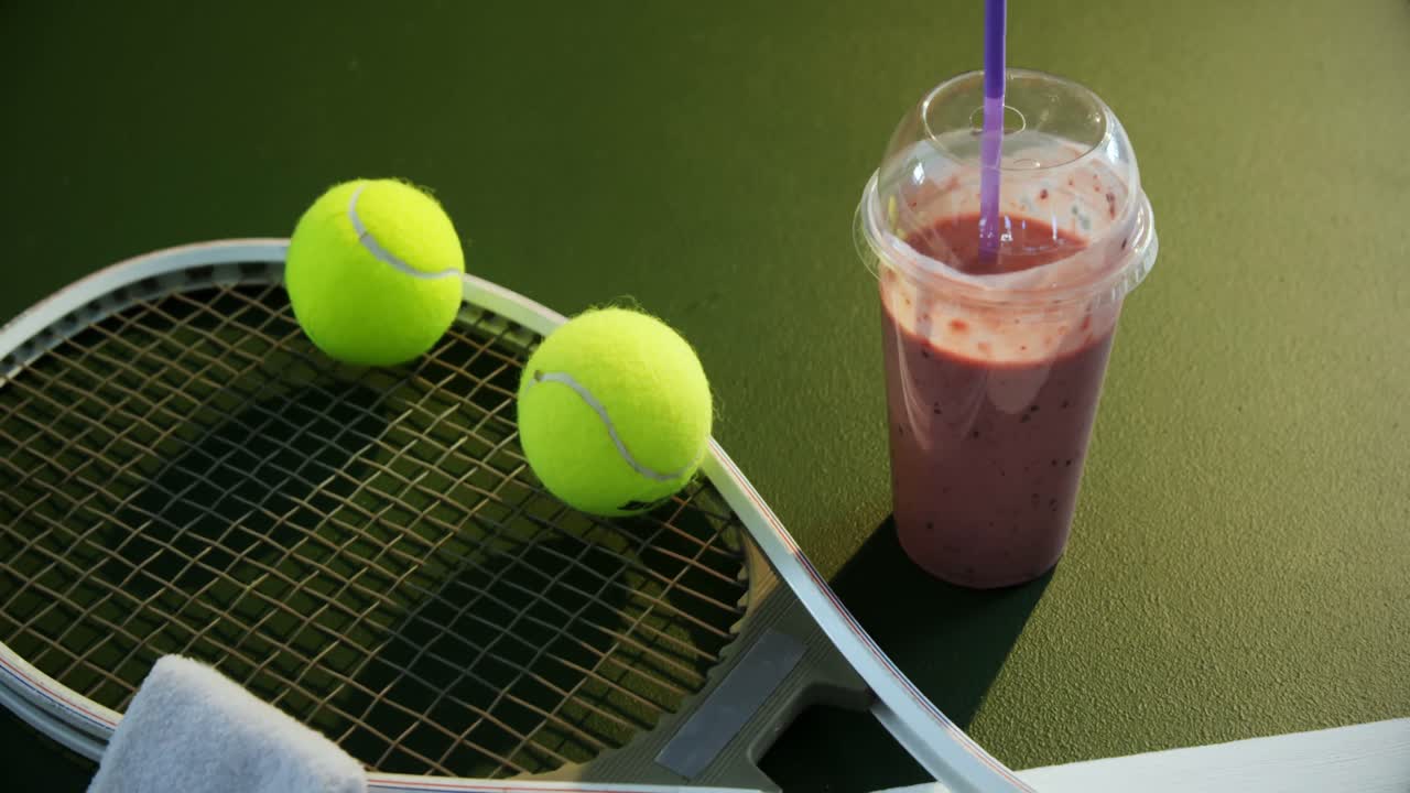 Milkshake and sports equipment in tennis court 4k