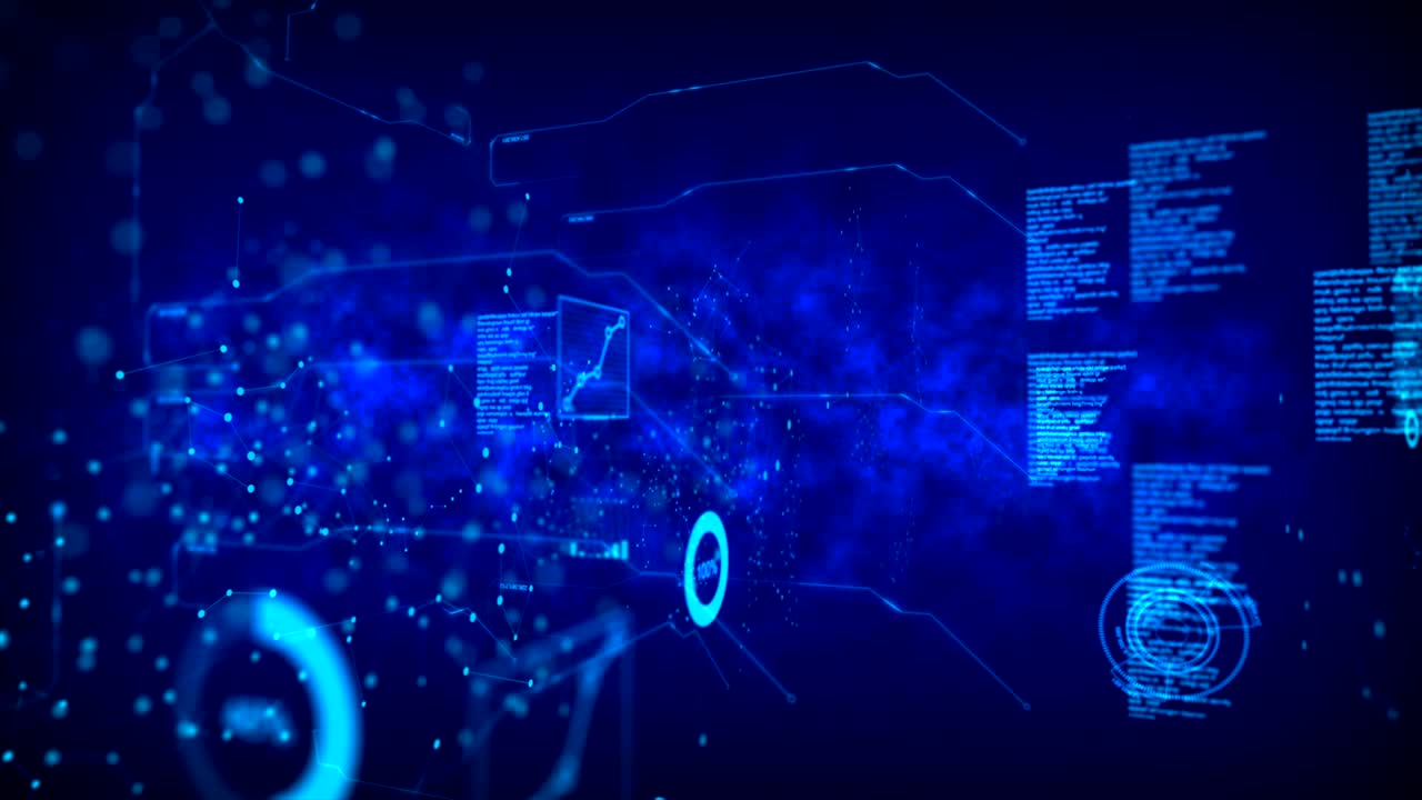 4K Animation Dot circle with connection line with HUD graph bar element on the dark background with grain processed