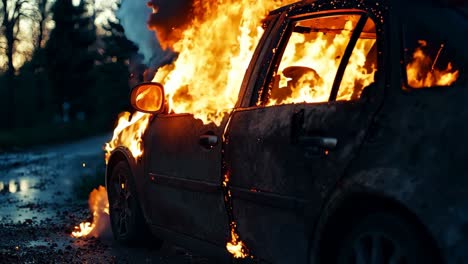 a burnt out car on fire on the side of the road