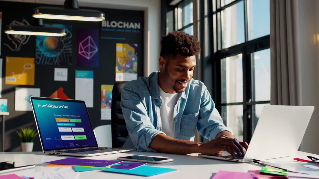 Man Working on Laptops in a Modern Office