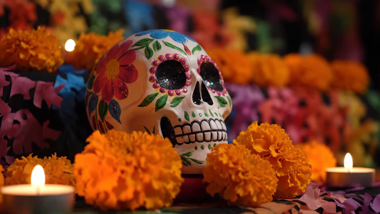 Day of the Dead sugar skull with marigolds and candles