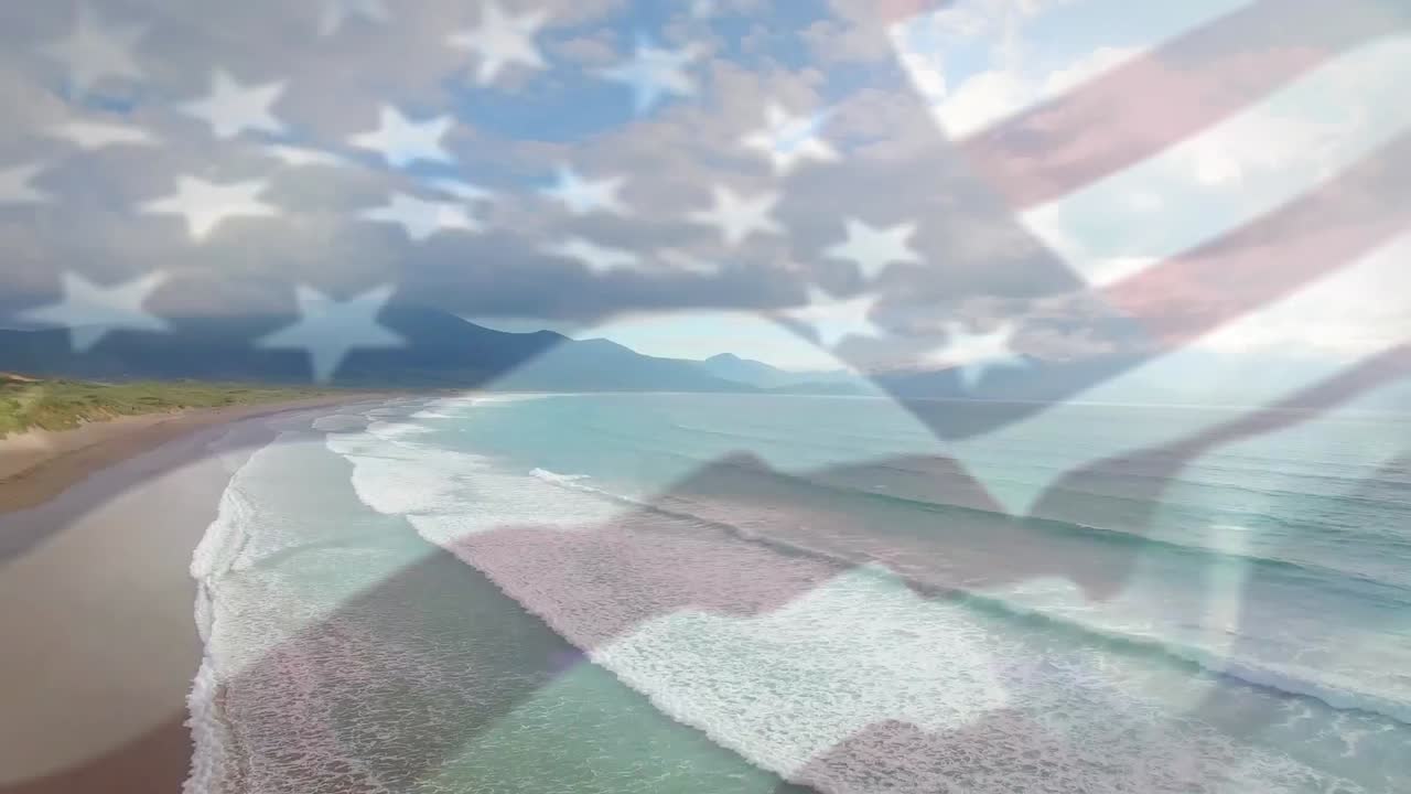 composición digital de agitarnos la bandera sobre las manos mostrando los pulgares hacia arriba contra la vista aérea de la playa