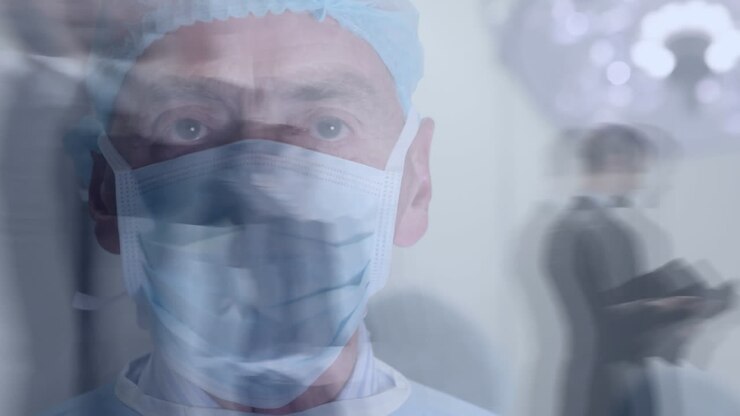 Animation of male surgeon wearing face mask and people walking in fast motion