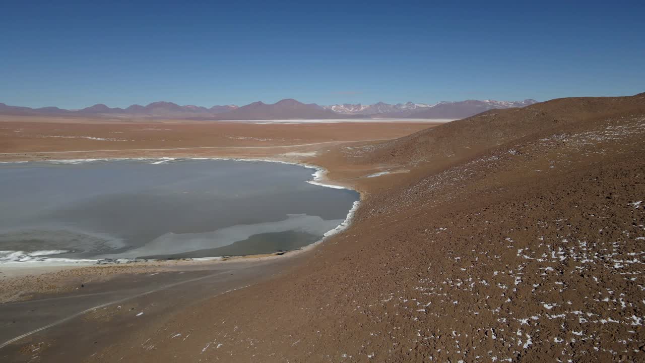 Aerial shot of Bolivia’s Kollpa Lagoon shows winding shoreline and high-altitude desert terrain