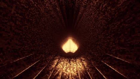 VJ Loop - Glowing 3D Golden Heart Rolling Along a Reflective Digital Tunnel Surface With Lines Disappearing into the Darkness