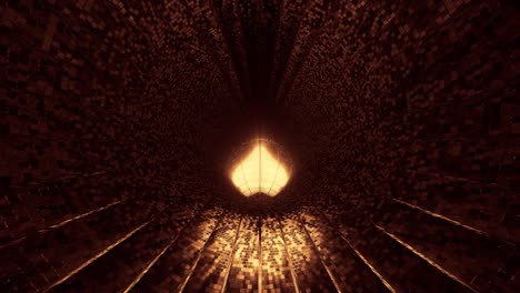 vj loop - glowing 3d golden heart rolling along a reflective digital tunnel surface with lines disappearing into the darkness