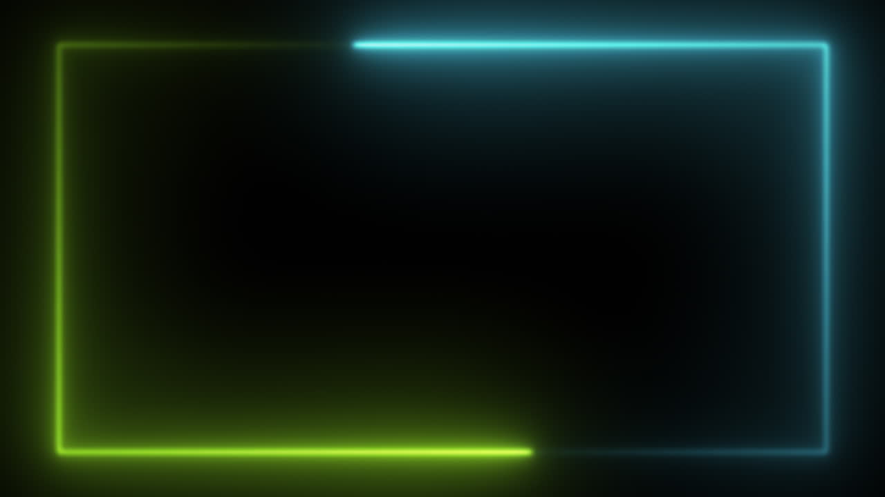 un dúo de rectángulos verdes y cian, tonos de color neón que fluyen en sentido contrario a las agujas del reloj, crean un marco sobre un fondo oscuro