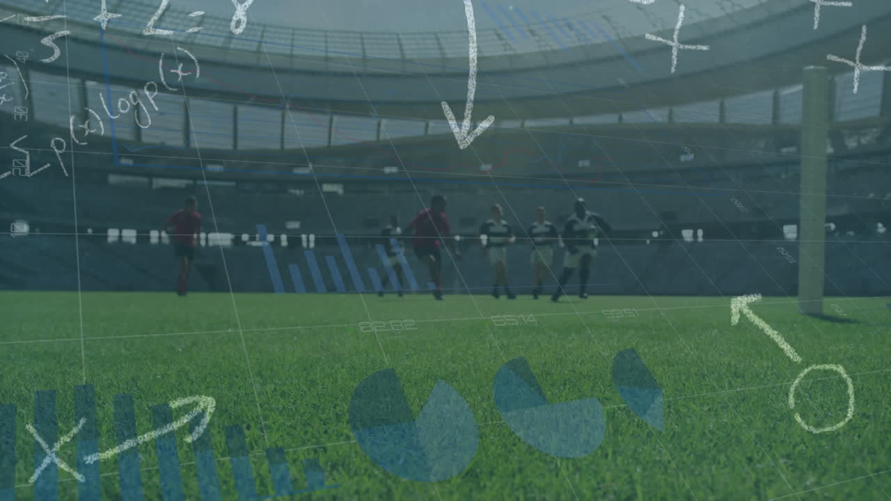두 개의 다민족 럭비 팀이 럭비를 하는 그래프와 함께 떠다니는 전술의 애니메이션