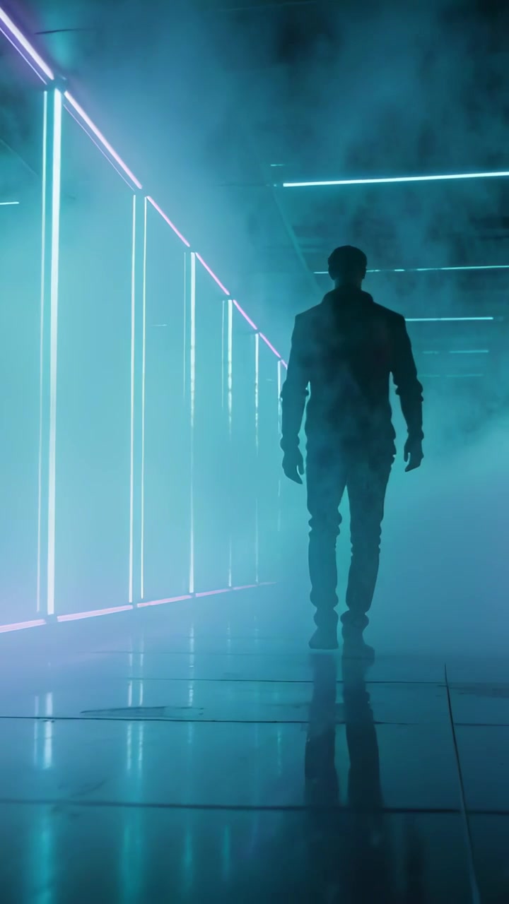 Video verticale: Telecamera che segue un uomo in giacca scura che cammina in una sala a specchi per un servizio fotografico, con nebbia al neon.