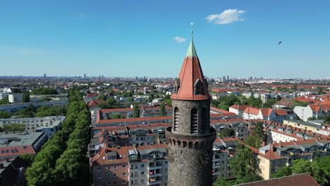 fantastic aerial top view flight lukas church bell tower city berlin steglitz, germany summer day 2023