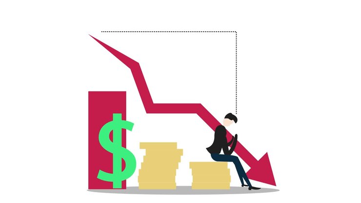 Male manager looks sad with declining arrow