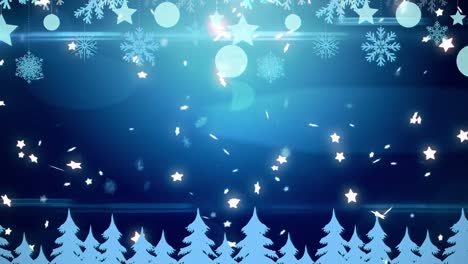 Animación-De-Bolas-Y-árboles-Navideños,-Nieve-Y-Estrellas-Cayendo-Sobre-Fondo-Azul