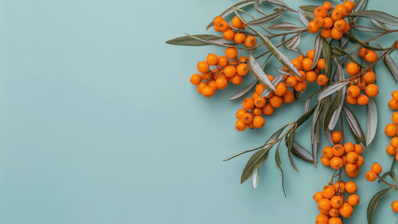 Sea buckthorn berries and verdant leaves composing minimalist arrangement, showcasing vivid orange tones against soft blue surface, revealing organic texture and seasonal botanical essence