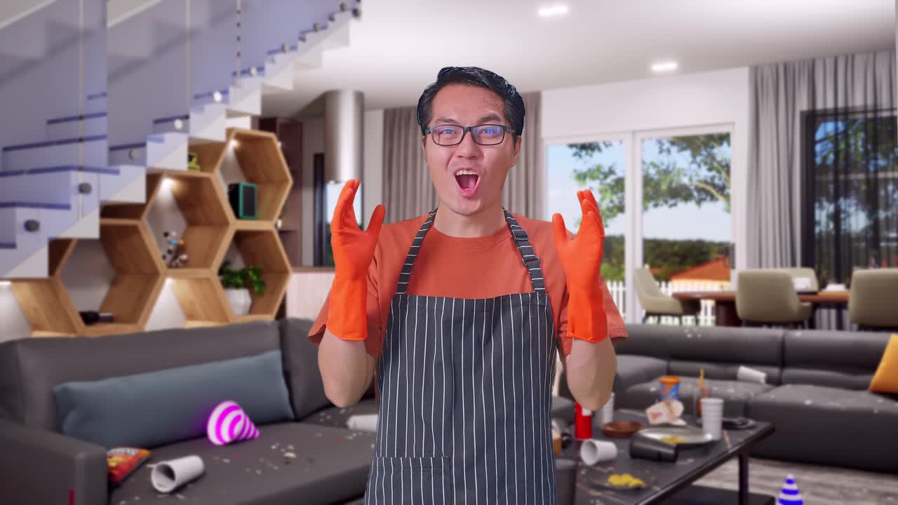 Asian Male Housekeeper With An Apron Showing Gesture Hands Palm, Saying Wow, And Smiling In House