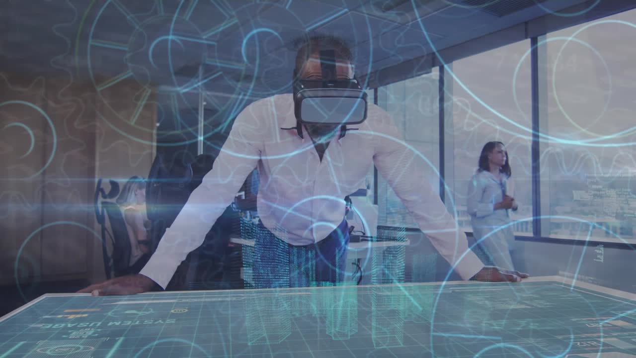 Dieses Video zeigt einen afroamerikanischen Mann in einem Büro, der ein VR-Headset benutzt, um ein 3D-Stadtmodell anzusehen