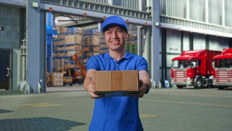 asian male courier in blue uniform showing a carton to camera and smiling while delivering it, outside of logistics distributions warehouse
