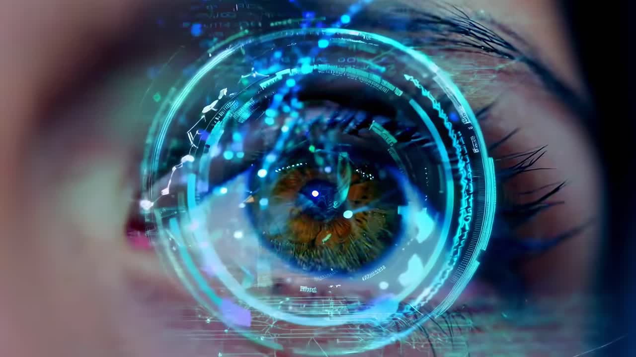 Close-up video of a human eye with digital overlay, showcasing futuristic technology