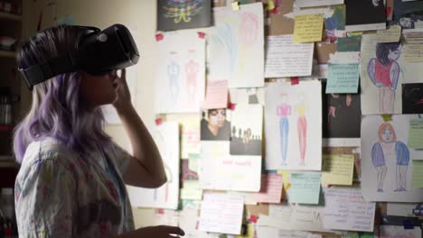 exploring creativity in virtual reality: a young artist immerses themselves in a digital world surrounded by sketches and ideas