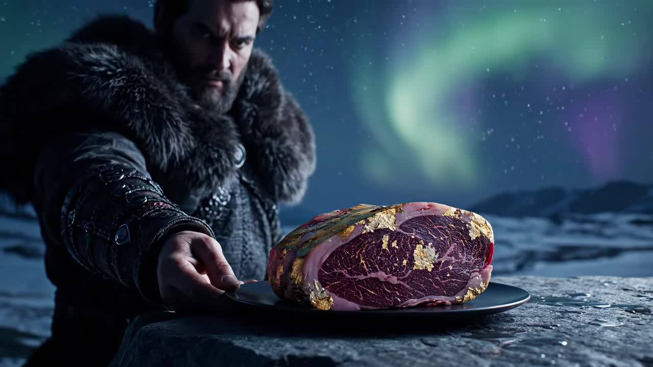 Luxury Gold-Covered Steak in a Winter Landscape