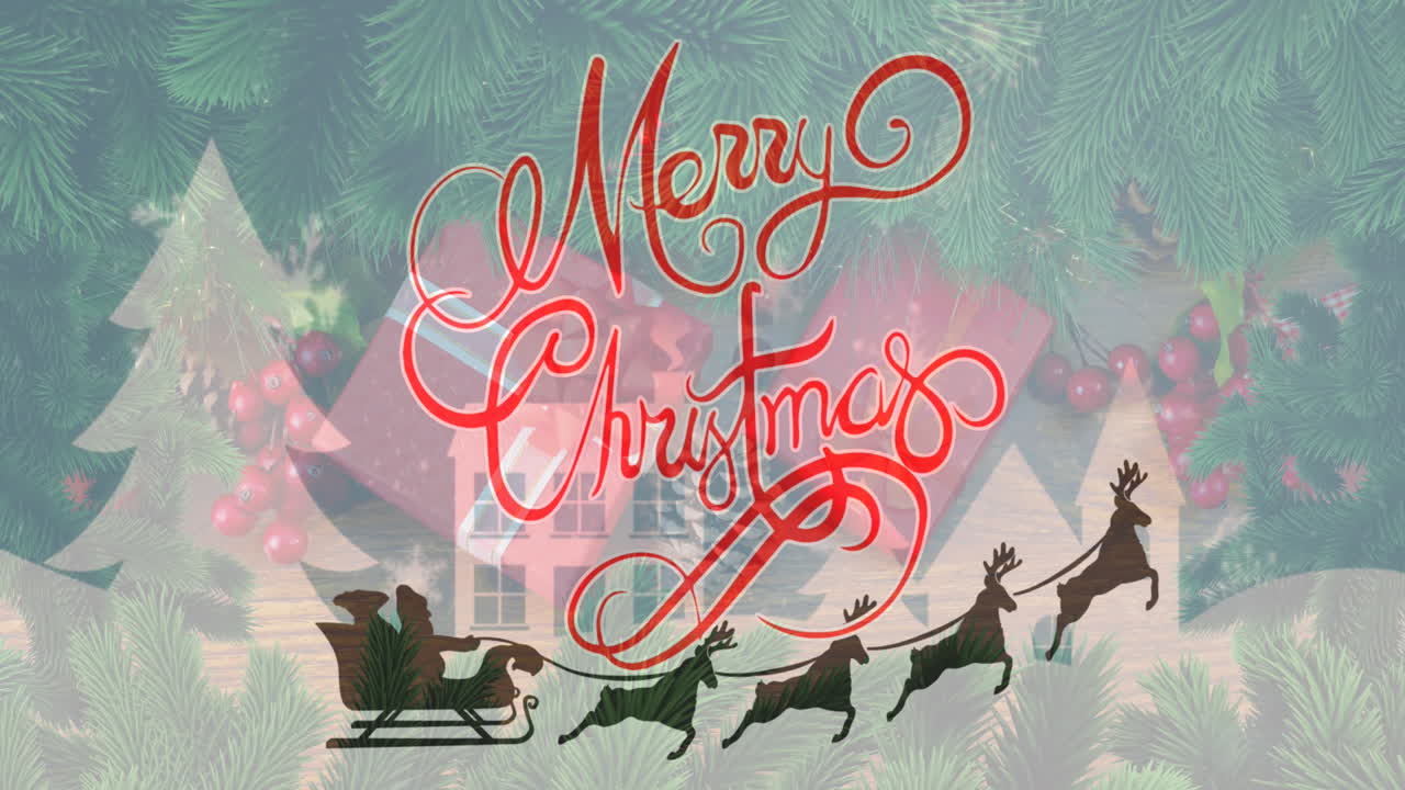 animación de saludos de navidad texto sobre decoraciones de navidad y papá noel en trineo