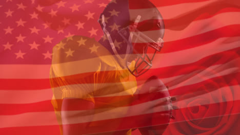 Animation-of-american-football-player-over-usa-flag-and-rose