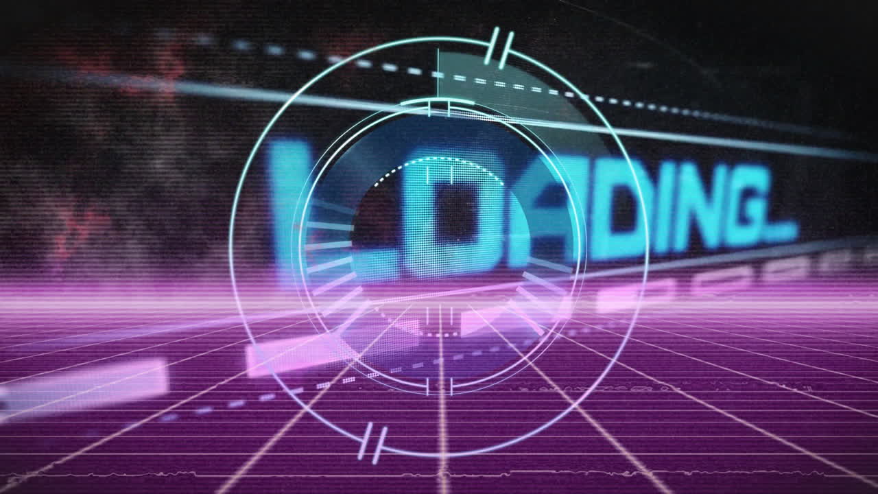 디지털 풍경 위에 미래의 hud 애니메이션과 로딩 텍스트